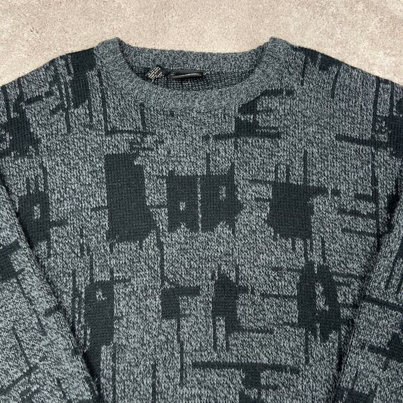 Vtg Abstract Geometric Sweater Size M Kennington Grandpa Preppy 80s Gray Black - Picture 2 of 4